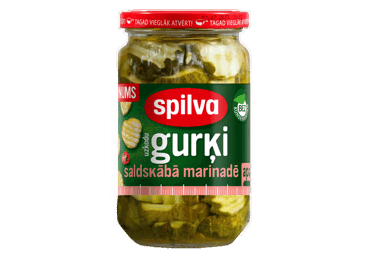 Gurķi uzkodām SPILVA  saldskābā marinādē apaļi 460g