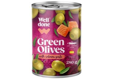 Zaļās olīvas pildītas ar laša pastu WELL DONE 280g