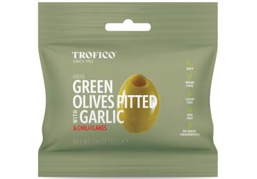 Zaļās olīvas bez kauliņiem ar ķiplokiem un čili TROFICO 30g
