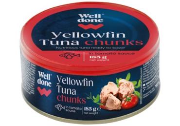Dzeltenspuru tunzivs gabaliņi tomātu mērcē WELL DONE 185g