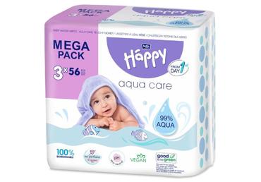 Mitrās salvetes HAPPY 99% Aqua Care 3x56gab.