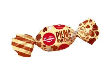 Piena karameles ar pildījumu LAIMA sver.