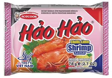 Ātri pagatavojamas nūdeles ar garneļu garšu čili&laima HAO HAO 78g