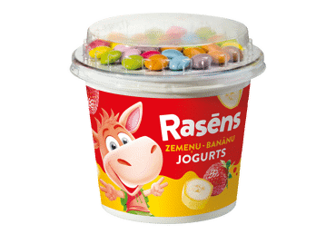 Jogurts RASĒNS zemeņu-banānu ar piena šokolādes konfektēm 110g