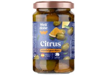 Zaļās olīvas ar citrona gabaliņiem WELL DONE bez kauliņiem 340g