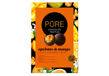 Šokolādes trifeles PURE CHOCOLATE ar apelsīnu un mango krēma pildījumu 148g