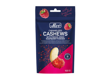 Karamelizēti Indijas rieksti aveņu ALVO 100g