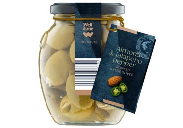 Olīvas ar mandeļu un halapenjo pildījumu WELL DONE PREMIUM 360g 